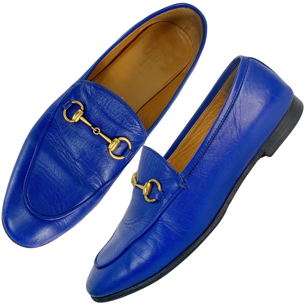 GUCCI Blue Jordaan Horsebit Buckle Gold Leather Classic Loafers 38
